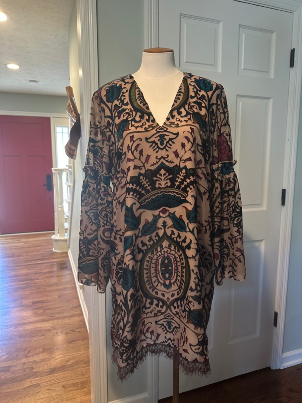Alexia Admor Sz M Boho Velvet burnout Tunic Dress Beige Plum Teal & Black